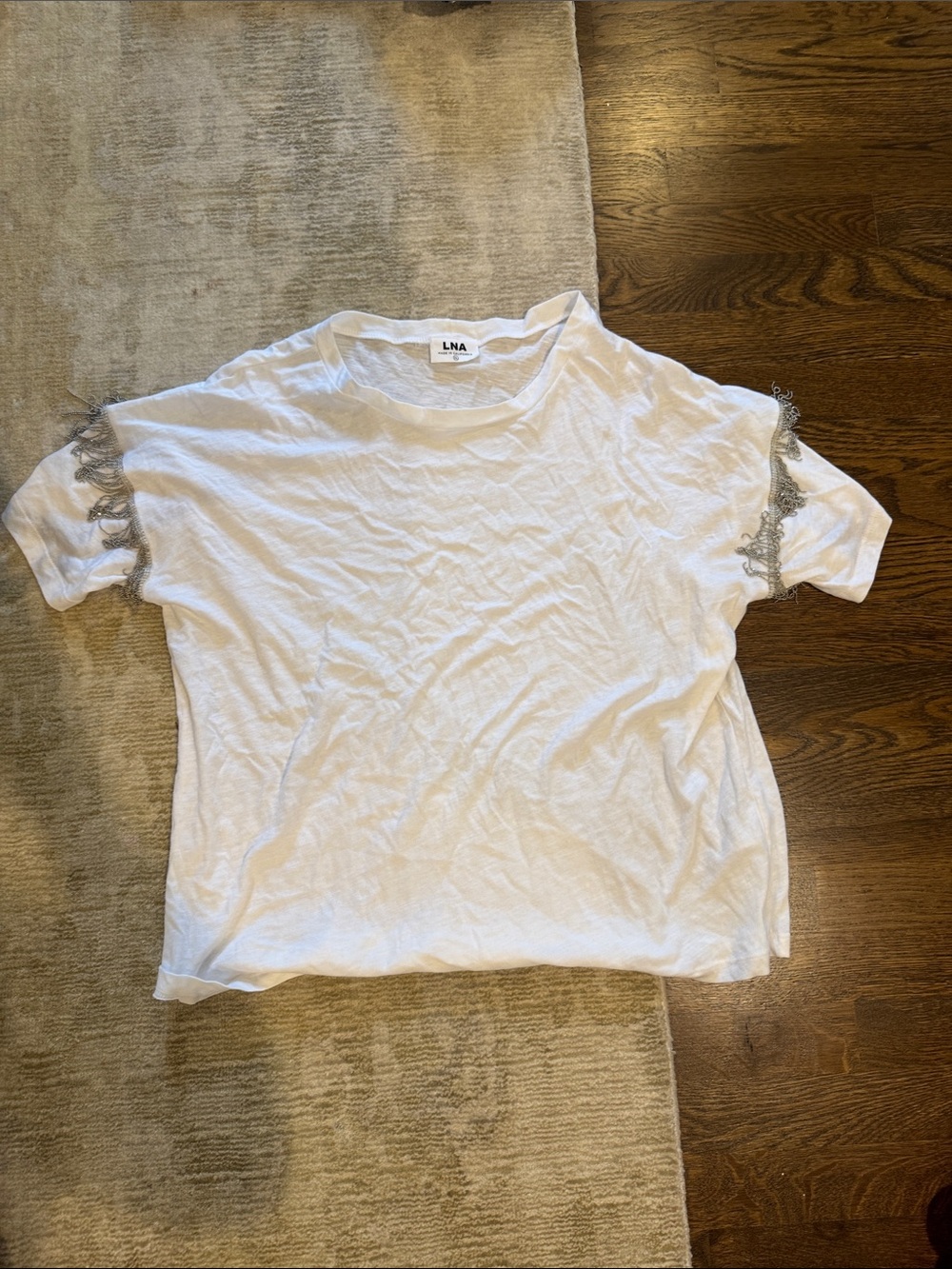 LNA White Tee with Silver Fringe Sleeve Accents